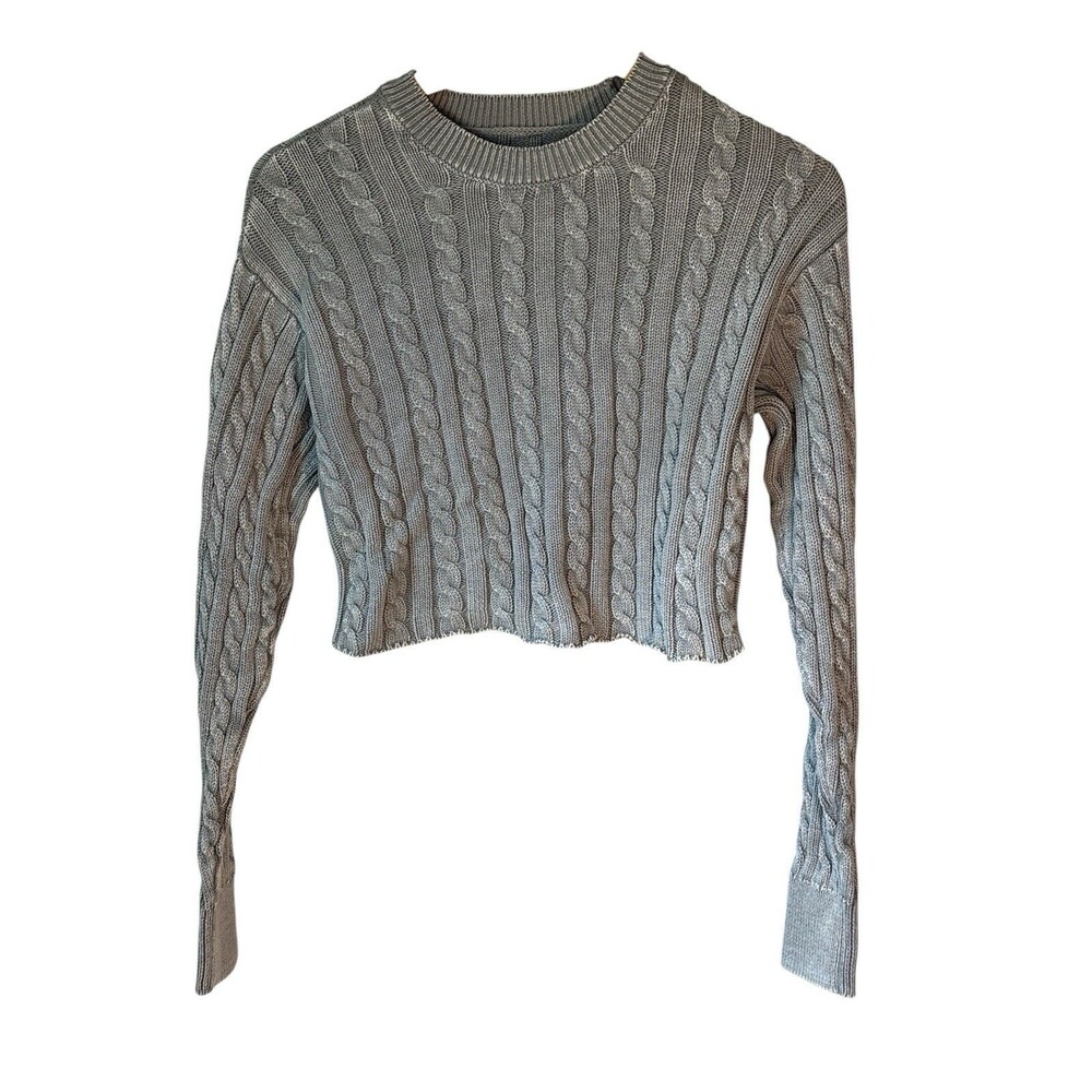 Aerie Cropped Gray Cableknit Sweater Size XS edgy preppy Academia cotton Y2k